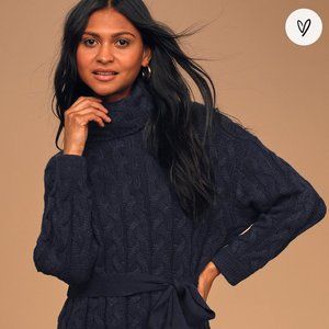 Lulu's Navy Blue Cable Knit Turtleneck Belted Sweater Dress